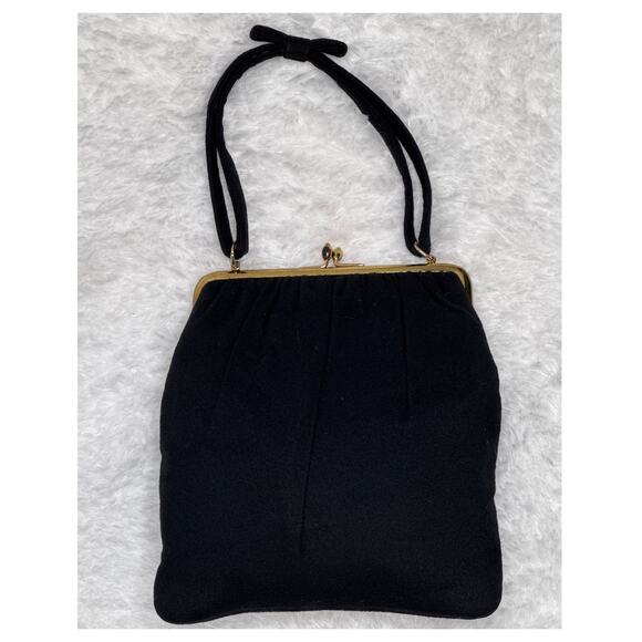 Vintage 1940s Ingber Black Fabric Evening Bag w/ Bow Handle & Gold Frame - Picture 15 of 16
